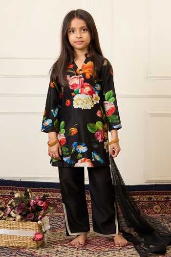 Buy_Mamma Plz_Black Chanderi Floral Print Kurta Set _Online_at_Aza_Fashions