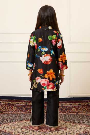 Shop_Mamma Plz_Black Chanderi Floral Print Kurta Set _at_Aza_Fashions