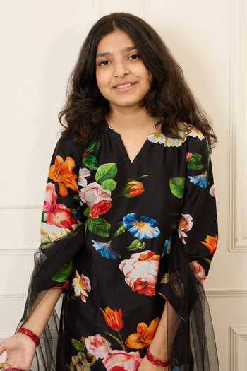 Mamma Plz_Black Chanderi, Cotton Printed Kurta Set _Online_at_Aza_Fashions