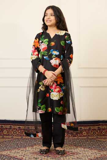 Buy_Mamma Plz_Black Chanderi, Cotton Printed Kurta Set _Online_at_Aza_Fashions