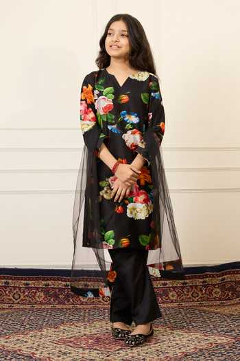 Shop_Mamma Plz_Black Chanderi, Cotton Printed Kurta Set _Online_at_Aza_Fashions