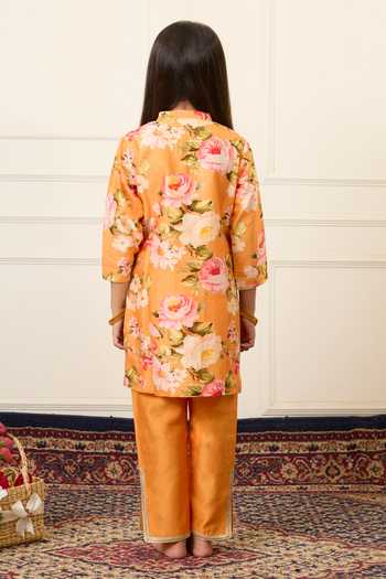 Shop_Mamma Plz_Yellow Chanderi Botanical Print Kurta Pant Set _at_Aza_Fashions