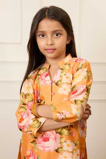 Buy_Mamma Plz_Yellow Chanderi Botanical Print Kurta Pant Set _Online_at_Aza_Fashions