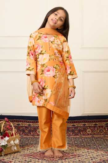 Shop_Mamma Plz_Yellow Chanderi Botanical Print Kurta Pant Set _Online_at_Aza_Fashions