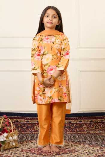 Mamma Plz_Yellow Chanderi Botanical Print Kurta Pant Set _at_Aza_Fashions