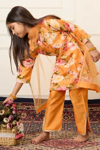 Buy_Mamma Plz_Yellow Chanderi Botanical Print Kurta Pant Set 
