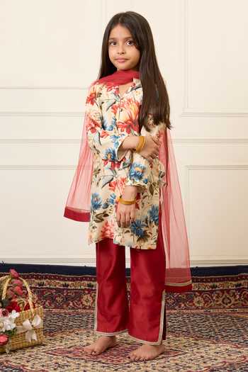 Buy_Mamma Plz_Multi Color Chanderi Botanical Print Kurta Set _at_Aza_Fashions