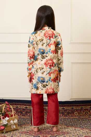 Shop_Mamma Plz_Multi Color Chanderi Botanical Print Kurta Set _at_Aza_Fashions