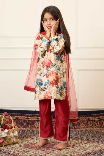 Mamma Plz_Multi Color Chanderi Botanical Print Kurta Set _Online_at_Aza_Fashions