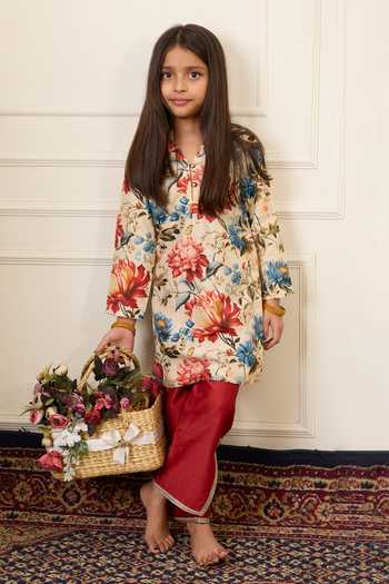 Buy_Mamma Plz_Multi Color Chanderi Botanical Print Kurta Set _Online_at_Aza_Fashions