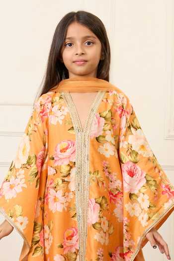 Mamma Plz_Orange Chanderi, Cotton Flower Print Kaftan Set _Online_at_Aza_Fashions