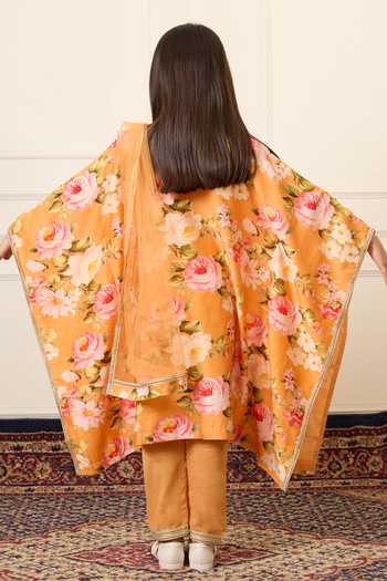Shop_Mamma Plz_Orange Chanderi, Cotton Flower Print Kaftan Set _at_Aza_Fashions