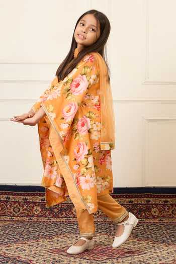 Shop_Mamma Plz_Orange Chanderi, Cotton Flower Print Kaftan Set _Online_at_Aza_Fashions