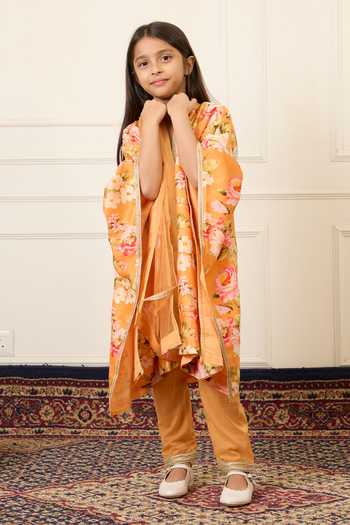 Mamma Plz_Orange Chanderi, Cotton Flower Print Kaftan Set _at_Aza_Fashions