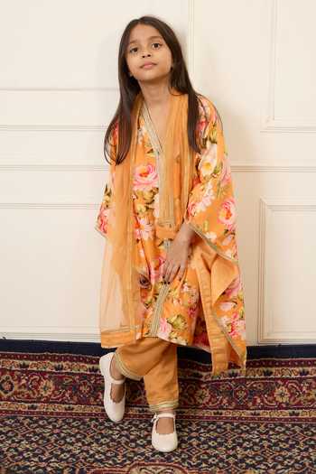 Buy_Mamma Plz_Orange Chanderi, Cotton Flower Print Kaftan Set 