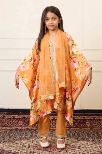 Shop_Mamma Plz_Orange Chanderi, Cotton Flower Print Kaftan Set 
