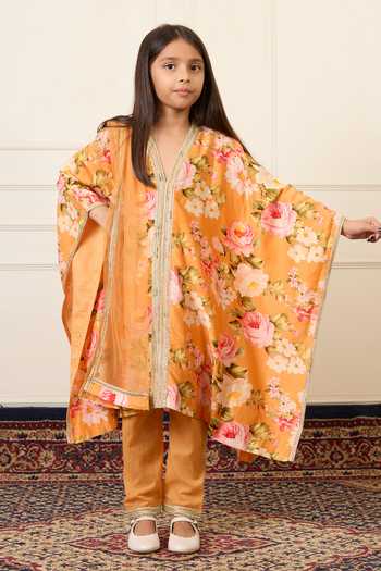 Mamma Plz_Orange Chanderi, Cotton Flower Print Kaftan Set _Online