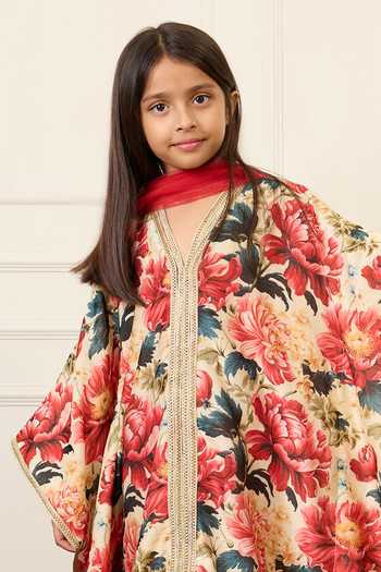 Mamma Plz_Maroon Chanderi, Cotton, Voile Floral Print Kaftan Set _Online_at_Aza_Fashions