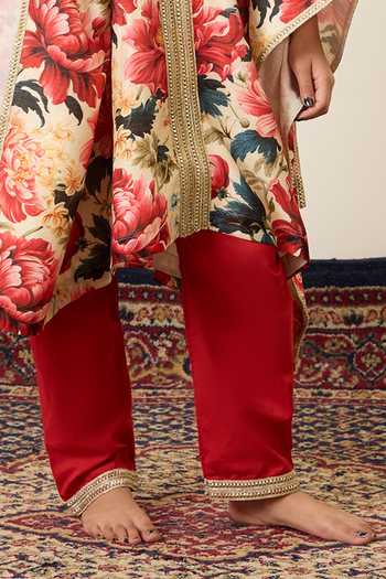 Buy_Mamma Plz_Maroon Chanderi, Cotton, Voile Floral Print Kaftan Set _Online_at_Aza_Fashions