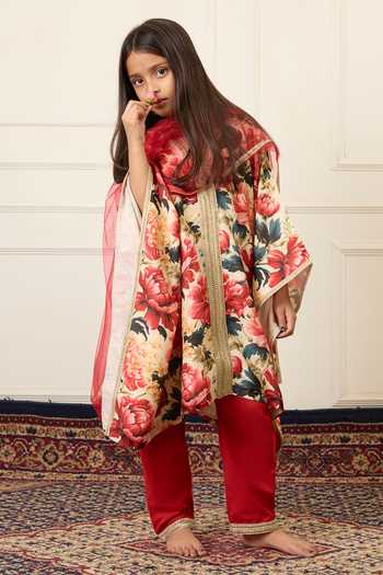 Shop_Mamma Plz_Maroon Chanderi, Cotton, Voile Floral Print Kaftan Set _Online_at_Aza_Fashions