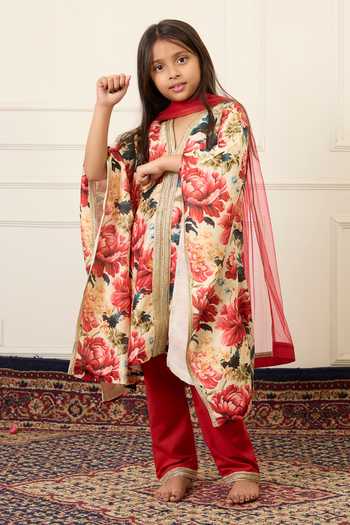 Mamma Plz_Maroon Chanderi, Cotton, Voile Floral Print Kaftan Set _at_Aza_Fashions