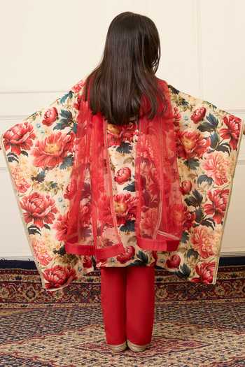 Shop_Mamma Plz_Maroon Chanderi, Cotton, Voile Floral Print Kaftan Set _at_Aza_Fashions