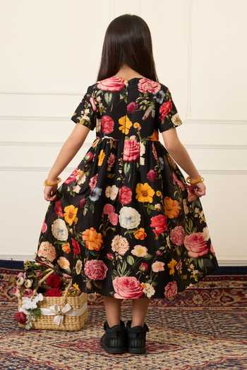 Shop_Mamma Plz_Black Chanderi Flower Print Dress _at_Aza_Fashions