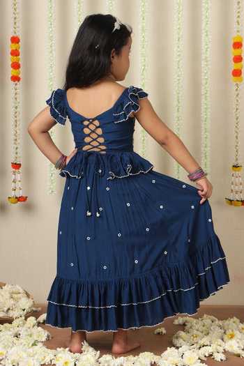 Shop_Poochkie_Blue Viscose, Muslin Bani Embroidered Top And Pleated Lehenga Set _at_Aza_Fashions