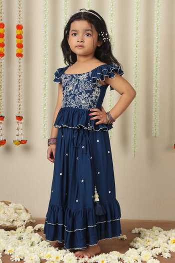 Poochkie_Blue Viscose, Muslin Bani Embroidered Top And Pleated Lehenga Set _at_Aza_Fashions