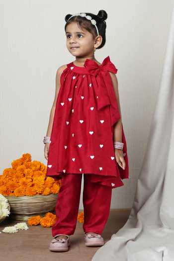 Buy_Poochkie_Red Viscose, Muslin Little Hearts Print Kurta And Pant Set _Online_at_Aza_Fashions