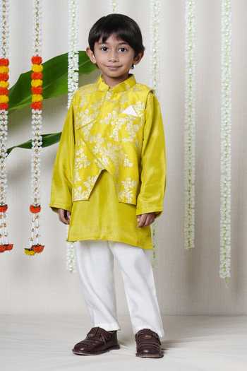 Buy_Poochkie_Green Silk, Viscose Zari Sunshine Brocade Bundi And Kurta Set _at_Aza_Fashions