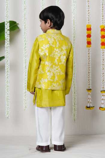 Shop_Poochkie_Green Silk, Viscose Zari Sunshine Brocade Bundi And Kurta Set _at_Aza_Fashions