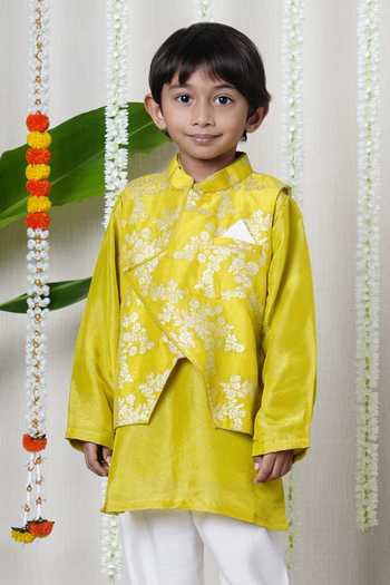 Buy_Poochkie_Green Silk, Viscose Zari Sunshine Brocade Bundi And Kurta Set _Online_at_Aza_Fashions