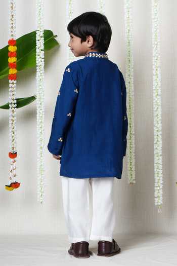 Shop_Poochkie_Blue Viscose, Muslin Midnight Buti Kurta Set _at_Aza_Fashions