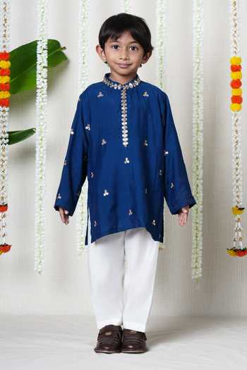 Buy_Poochkie_Blue Viscose, Muslin Midnight Buti Kurta Set _at_Aza_Fashions