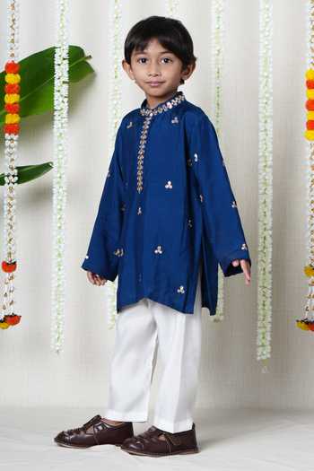 Shop_Poochkie_Blue Viscose, Muslin Midnight Buti Kurta Set _Online_at_Aza_Fashions