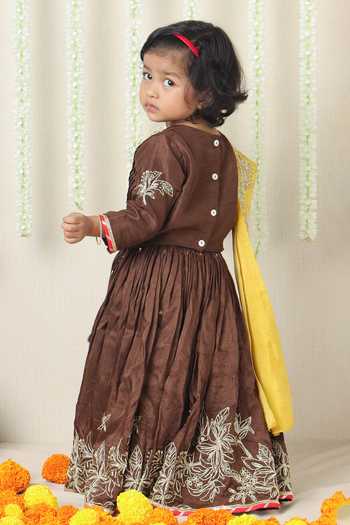 Shop_Poochkie_Brown Silk, Viscose Embroidered Lehenga Set _at_Aza_Fashions