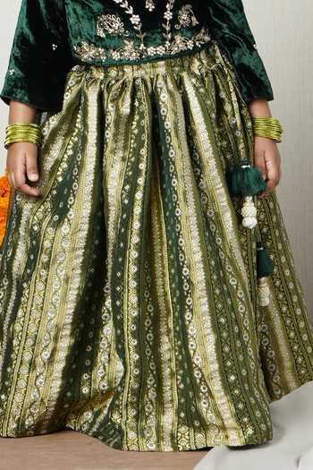 Shop_Poochkie_Emerald Green Velvet And Gold Brocade Lehenga Set _Online_at_Aza_Fashions