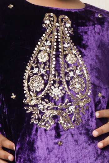 Poochkie_Purple Velvet Zardozi Embroidered Kurta And Pyjama Set _Online_at_Aza_Fashions