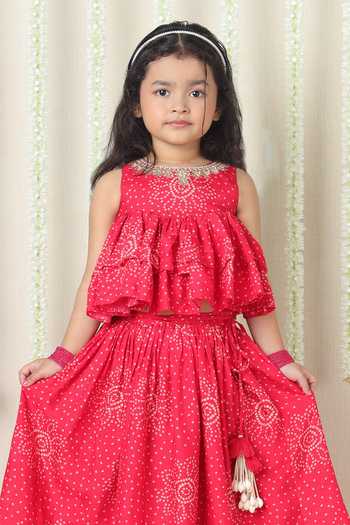 Poochkie_Pink Silk, Viscose Printed Layered Top And Lehenga Set _Online_at_Aza_Fashions