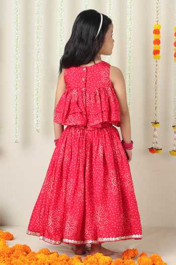 Shop_Poochkie_Pink Silk, Viscose Printed Layered Top And Lehenga Set _at_Aza_Fashions