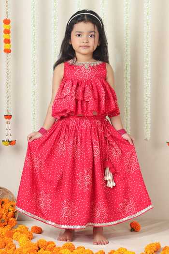 Buy_Poochkie_Pink Silk, Viscose Printed Layered Top And Lehenga Set _at_Aza_Fashions