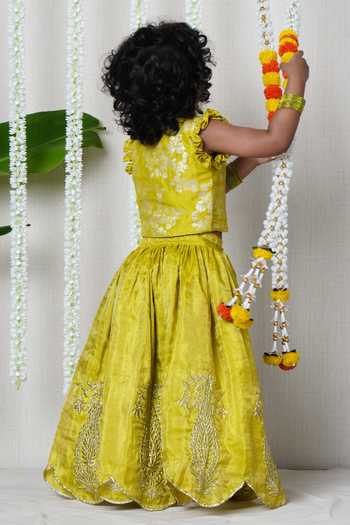 Shop_Poochkie_Green Silk, Tissue Floral Embroidered Lehenga Set _at_Aza_Fashions