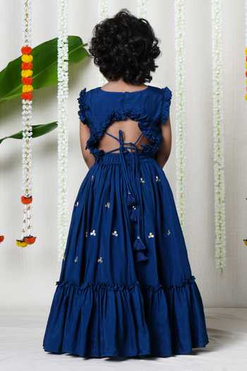 Shop_Poochkie_Blue Silk, Viscose Hand Embroidered Lehenga And Pleated Blouse Set _at_Aza_Fashions