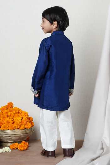 Shop_Poochkie_Blue Silk, Viscose Embroidered Kurta Set _at_Aza_Fashions