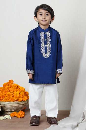 Buy_Poochkie_Blue Silk, Viscose Embroidered Kurta Set _at_Aza_Fashions