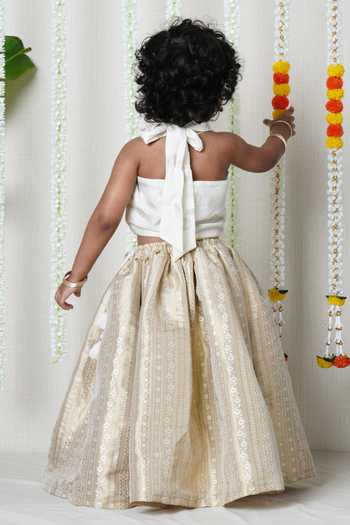 Shop_Poochkie_Off White Silk, Brocade, Jacquard Chandrika Halter Neck Blouse And Lehenga Set _at_Aza_Fashions