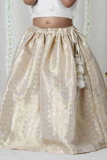 Shop_Poochkie_Off White Silk, Brocade, Jacquard Chandrika Halter Neck Blouse And Lehenga Set _Online_at_Aza_Fashions