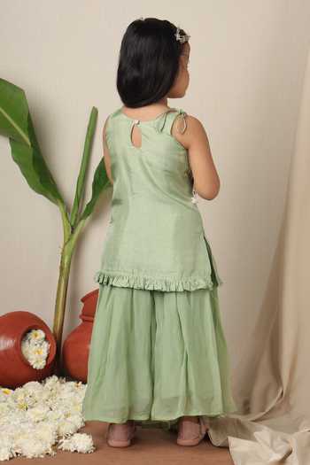 Shop_Poochkie_Green Silk, Organza Mukta Embroidered Kurta And Palazzo Set _at_Aza_Fashions