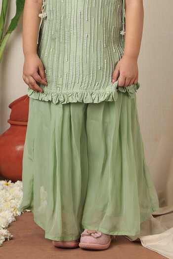 Poochkie_Green Silk, Organza Mukta Embroidered Kurta And Palazzo Set _Online_at_Aza_Fashions